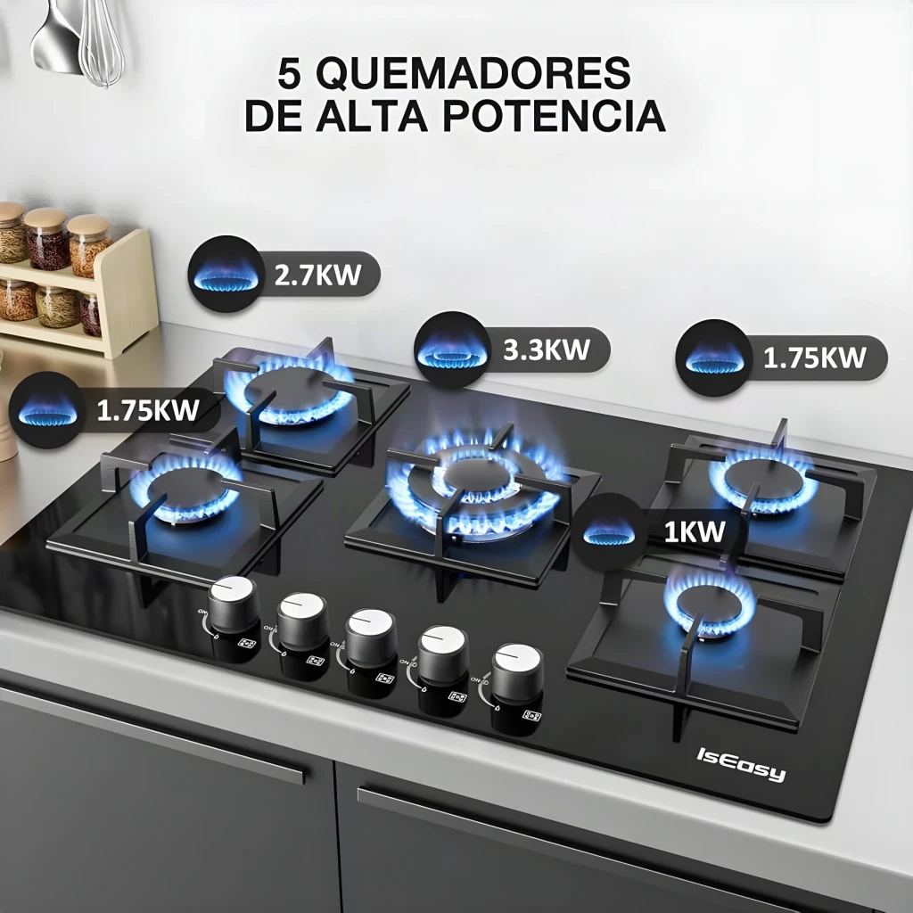 Placa de gas Iseasy 3,3 kW máx Plata MGBG-775S2, detalle: 5 quemadores encendidos con llama azul y potencias etiquetadas