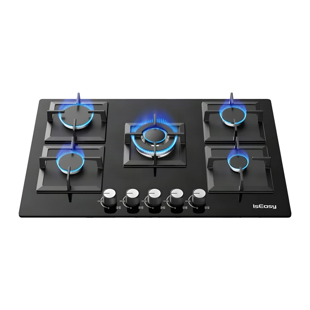 Placa de gas Iseasy 3,3 kW máx Plata MGBG-775S2, detalle: 5 quemadores con llama azul encendida y 5 mandos frontales