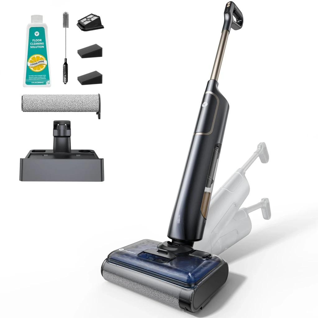 Balai Laveur Électrique Vexilar X7 Noir Aspire et Lave Autonettoyage Sans fil 20 000Pa, détail: accessoires inclus à côté
