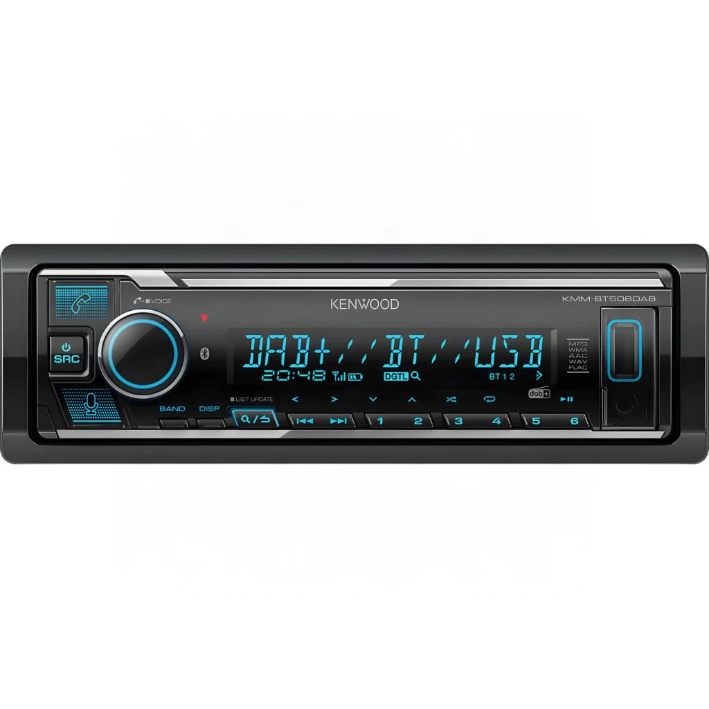 Autoradio Kenwood Noir 1 DIN Bluetooth 4.2 KMM-BT508DAB, vue avant: écran bleu DAB+ BT USB, molette et touches
