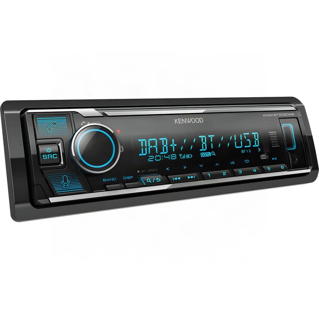 Autoradio Kenwood Noir 1 DIN Bluetooth 4.2 KMM-BT508DAB, vue en angle: écran bleu affichant DAB+ BT USB et bouton rotatif