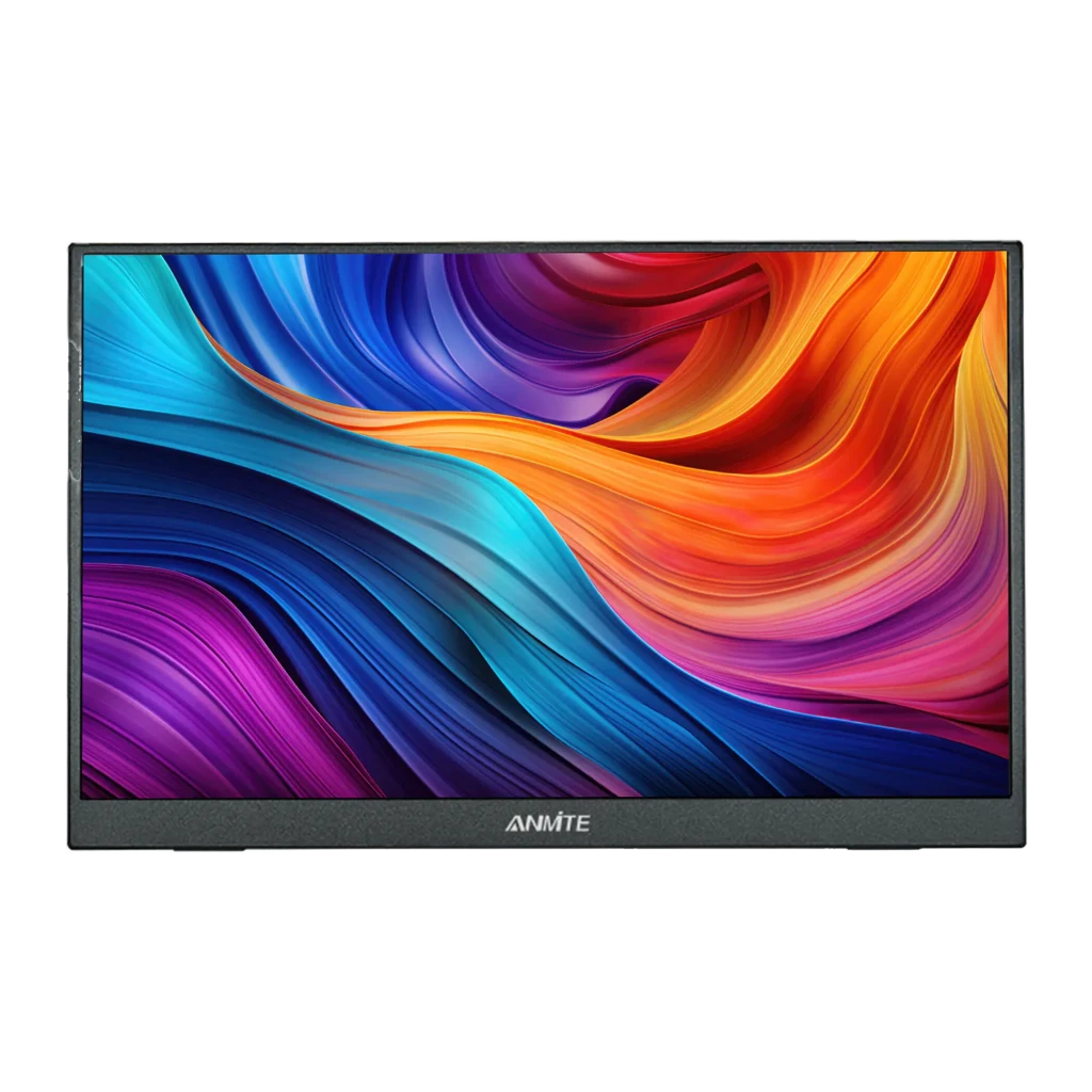 Écran Portable ANMITE 16 pouces 144Hz 2.5K IPS A160W24H, détail: écran frontal affichant des vagues colorées vives avec fine