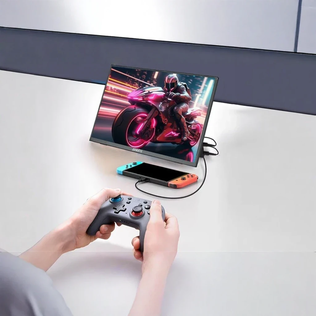 Écran Portable ANMITE 18,5 pouces Full HD IPS 120Hz 5 ms A185W03, en utilisation: branché à Nintendo Switch affichant jeu