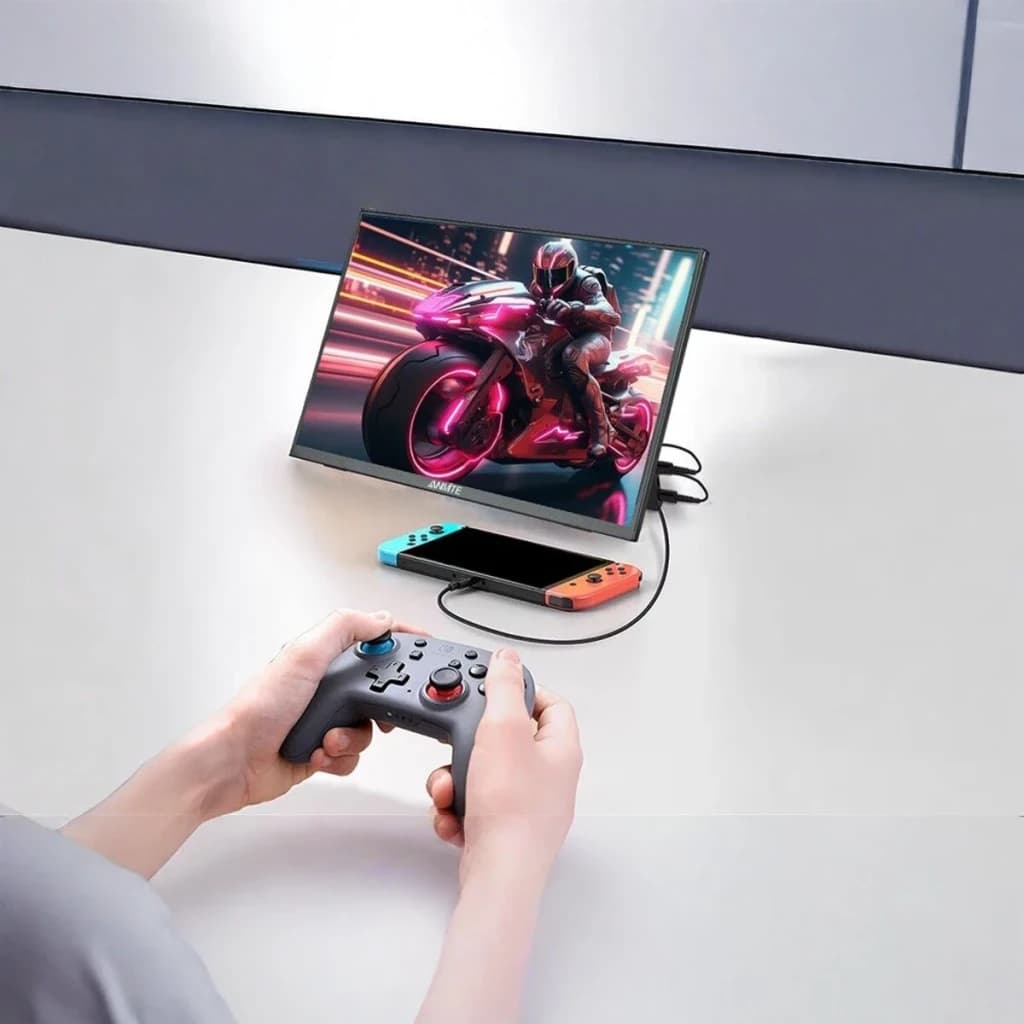 Écran Portable ANMITE 18,5 pouces Full HD IPS 120Hz 5 ms A185W03, en utilisation: branché à Nintendo Switch affichant jeu