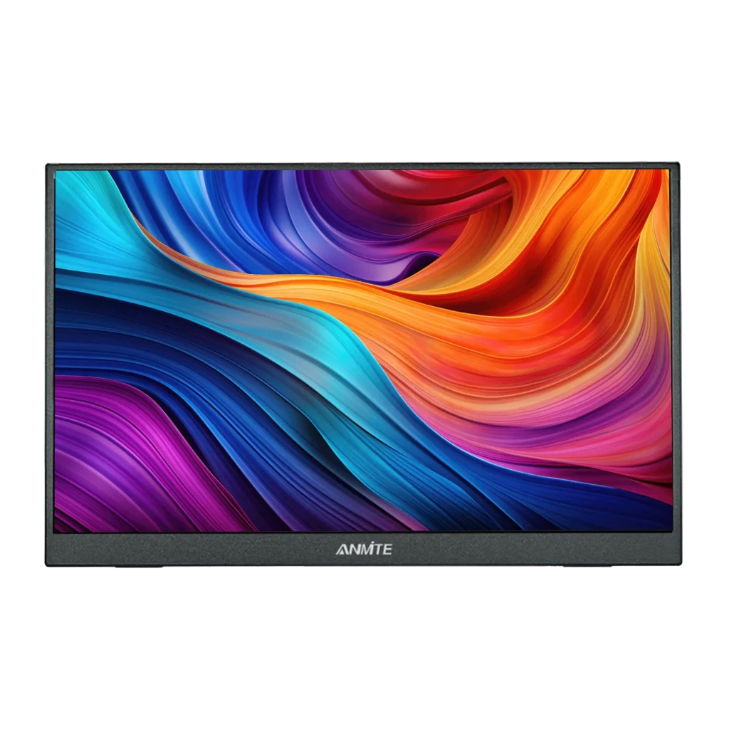 Écran Portable ANMITE 18,5 pouces Full HD IPS 120Hz 5 ms A185W03, détail: face avant affichant des vagues colorées vives