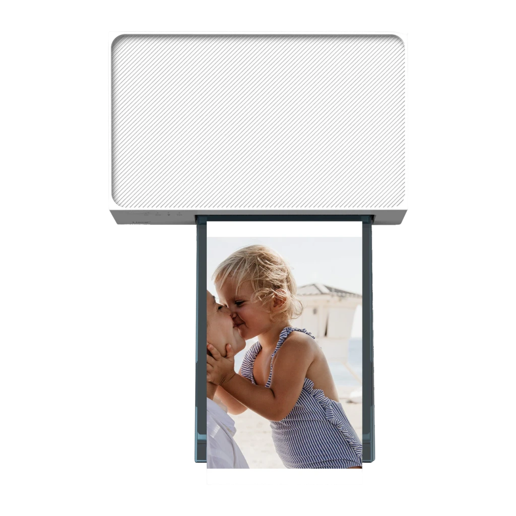 Imprimante Photo Portable Liene Amber M200 4x6 pouces Blanc WiFi Hotspot, détail: vue du dessus avec photo 4x6 sortant