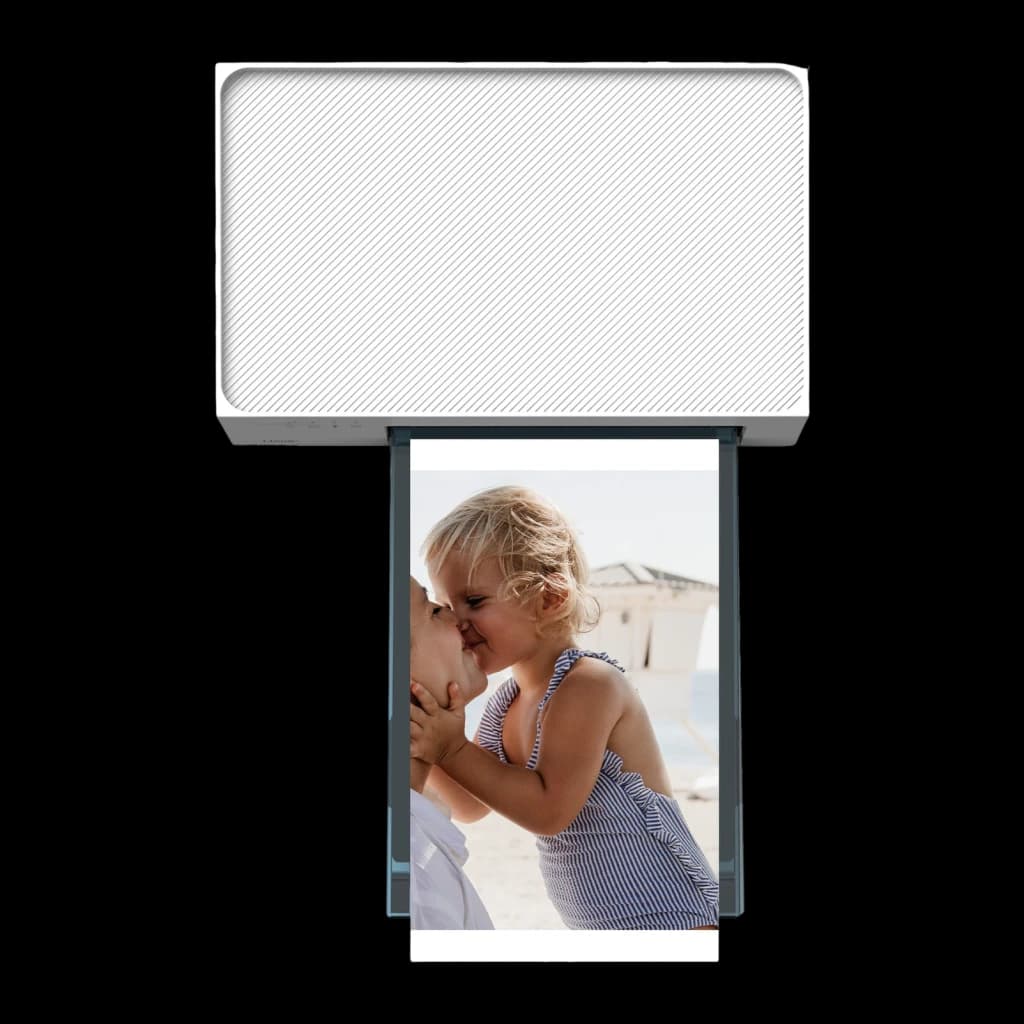 Imprimante Photo Portable Liene Amber M200 4x6 pouces Blanc WiFi Hotspot, détail: vue du dessus avec photo 4x6 sortant