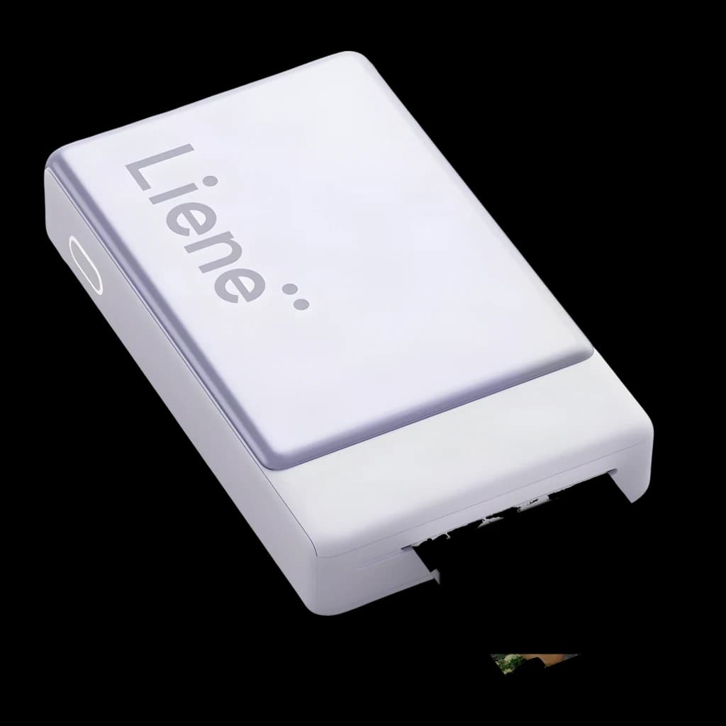 Imprimante Photo Portable LIENE Pearl N200 Pro Violet, vue de face: corps compact violet avec logo Liene et photo sortant