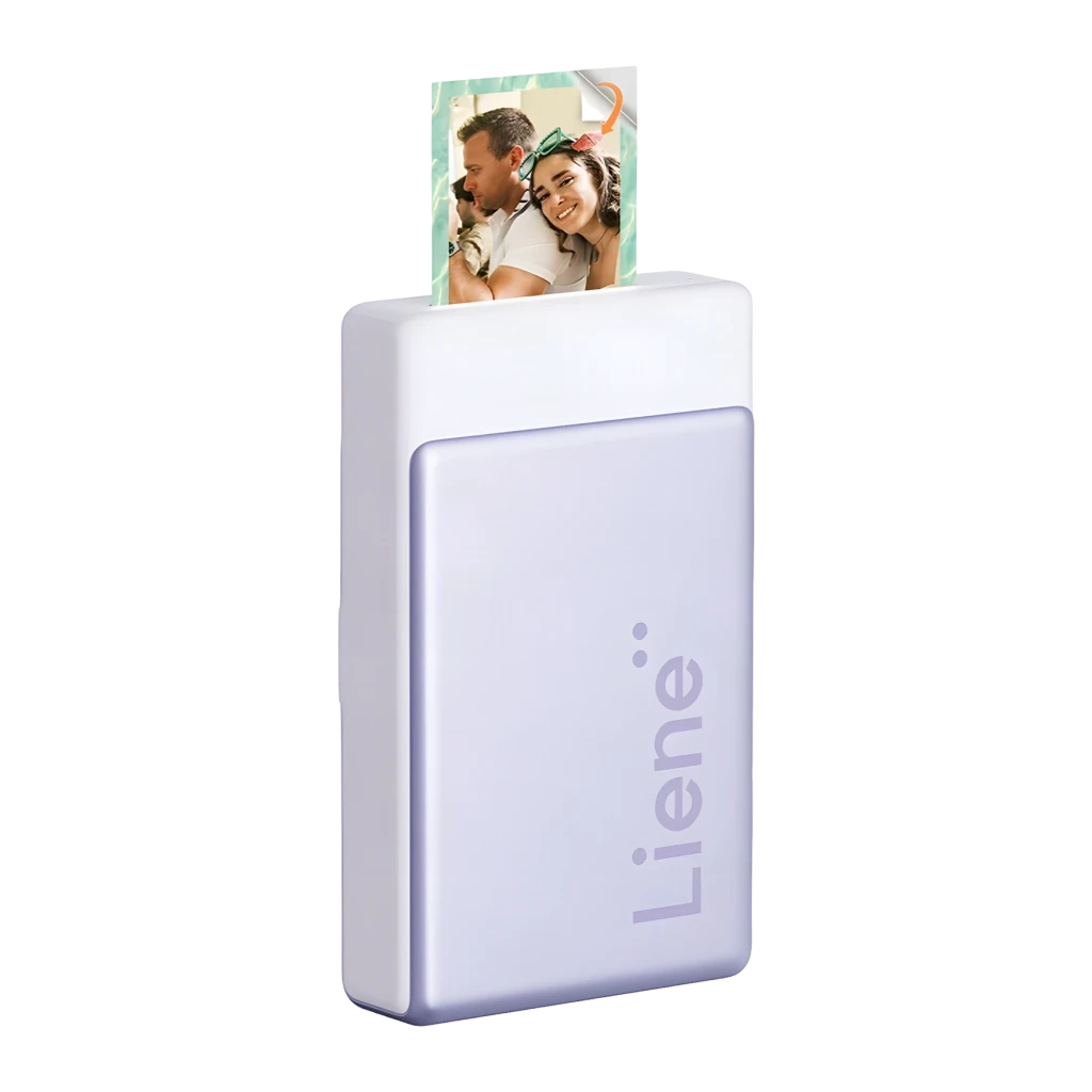 Imprimante Photo Portable LIENE Pearl N200 Pro Violet, détail: photo sortant par la fente supérieure avec portrait de couple
