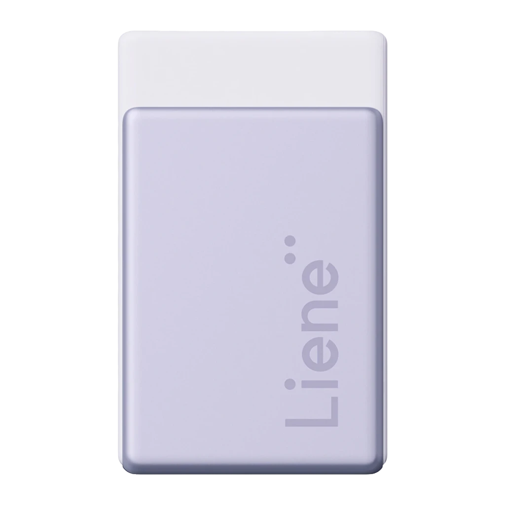 Imprimante Photo Portable LIENE Pearl N200 Pro Violet, détail arrière: corps lisse violet avec logo Liene et capuchon blanc