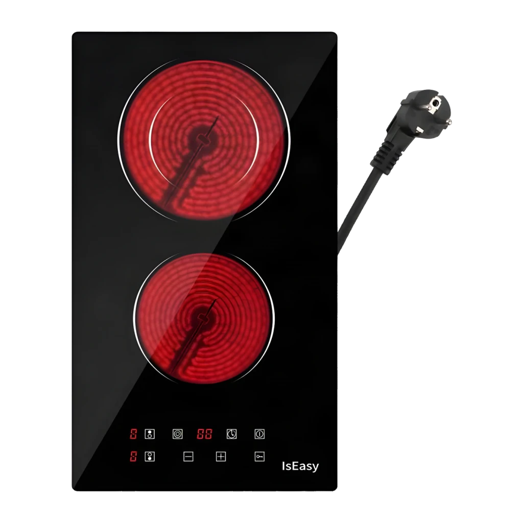 Placa vitrocerámica Iseasy 3200W 2 Zonas Negro LT2V-15, detalle: 2 zonas al rojo vivo, panel táctil LED y cable con enchufe