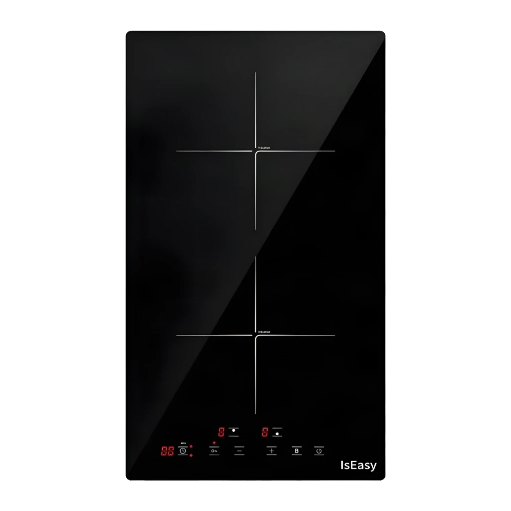 Placa de inducción Iseasy 3400W 2 Zonas Negro LI2V-22, vista frontal: superficie vitrocerámica con 2 zonas marcadas y panel