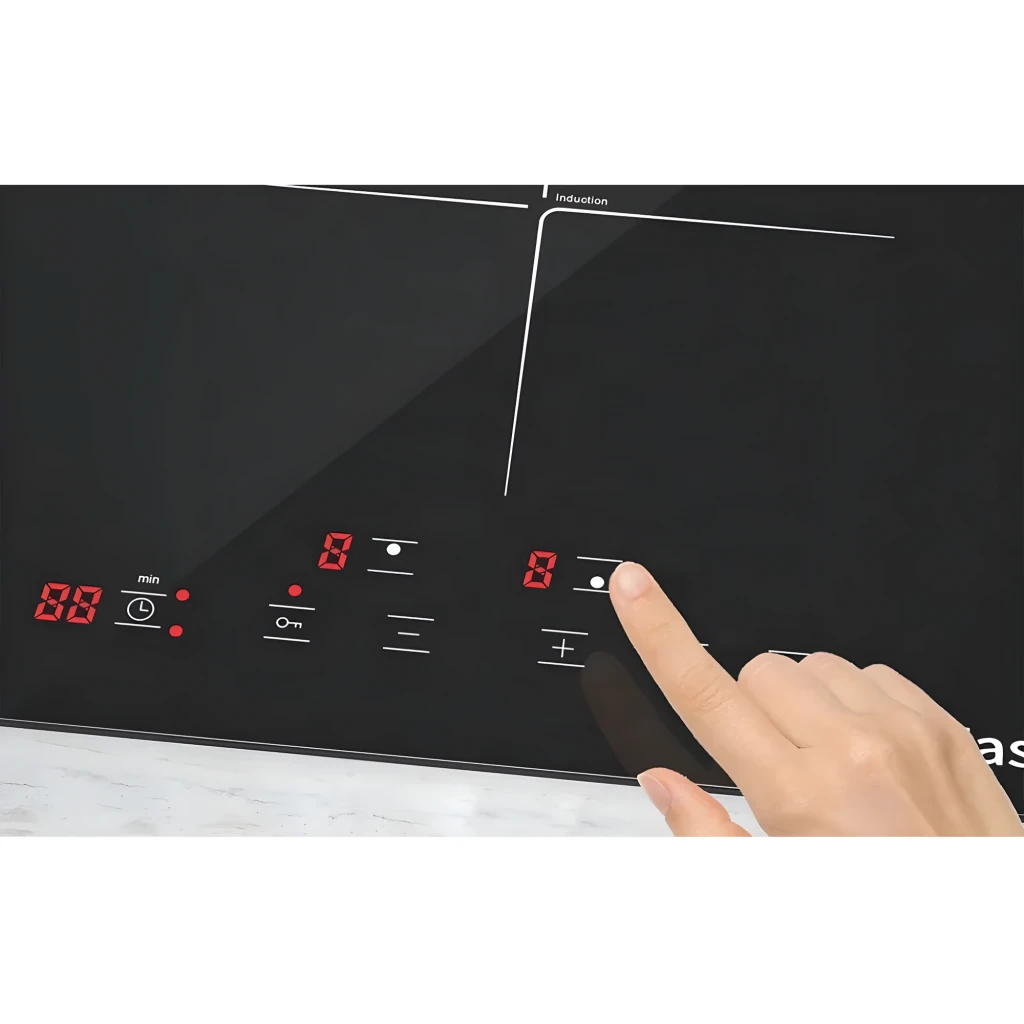Placa de inducción Iseasy 3400W 2 Zonas Negro LI2V-22, detalle: panel táctil con displays LED rojos y dedo pulsando control