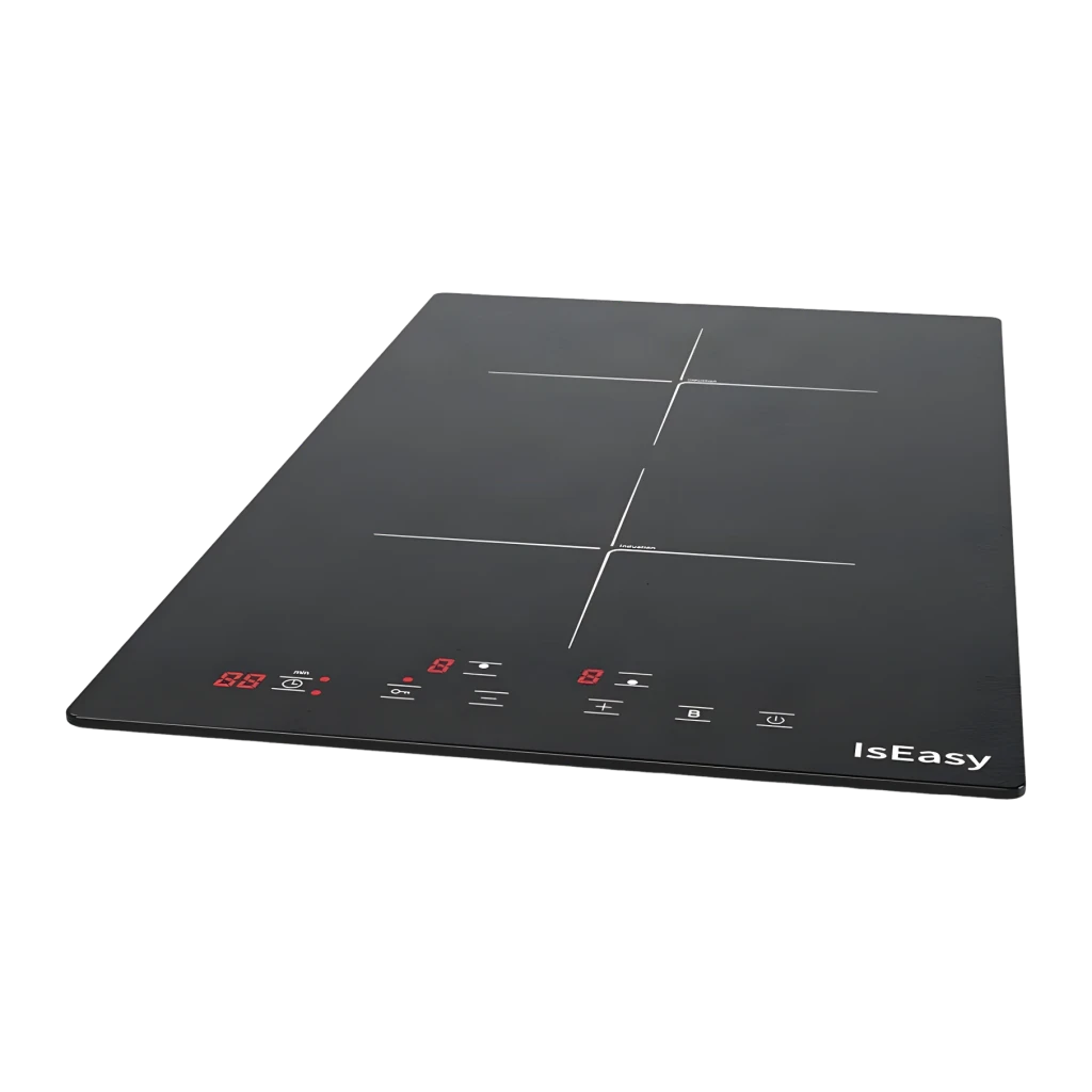Placa de inducción Iseasy 3400W 2 Zonas Negro LI2V-22, detalle: panel táctil con displays LED rojos y 2 zonas marcadas