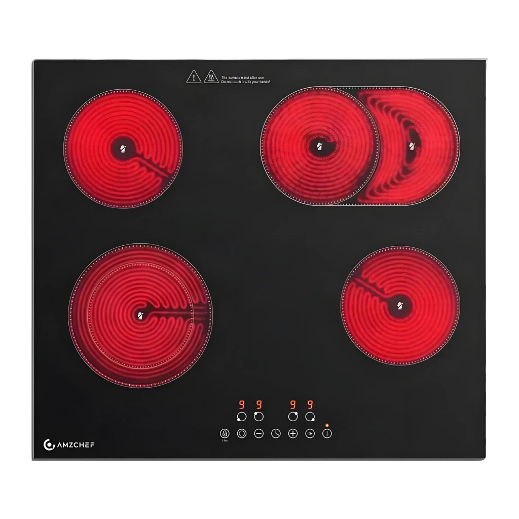 Placa vitrocerámica Amzchef 7200W Negro CE-T-72CB4xyP200-LBH, vista frontal: 4 zonas de cocción rojas encendidas y controles
