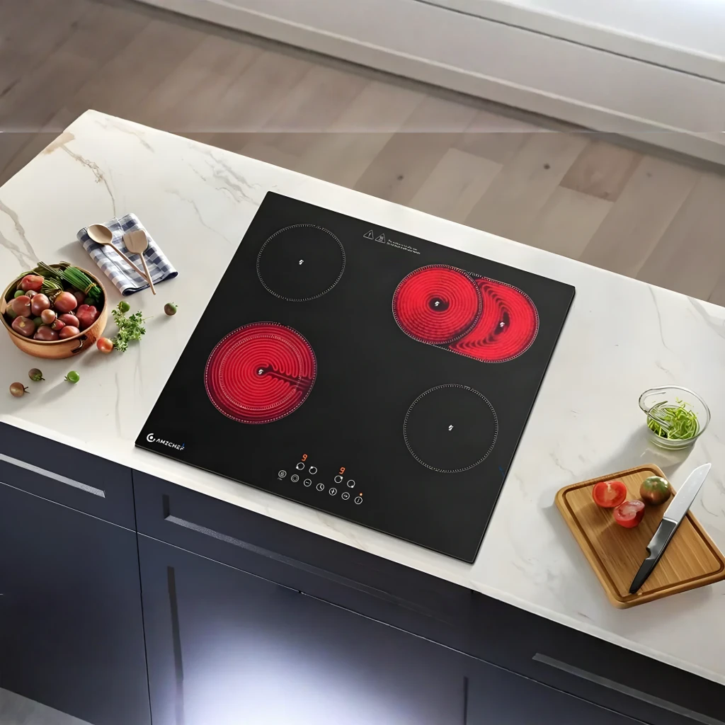 Placa vitrocerámica Amzchef 7200W Negro CE-T-72CB4xyP200-LBH, en uso: vista cenital sobre encimera mármol, 3 zonas al rojo