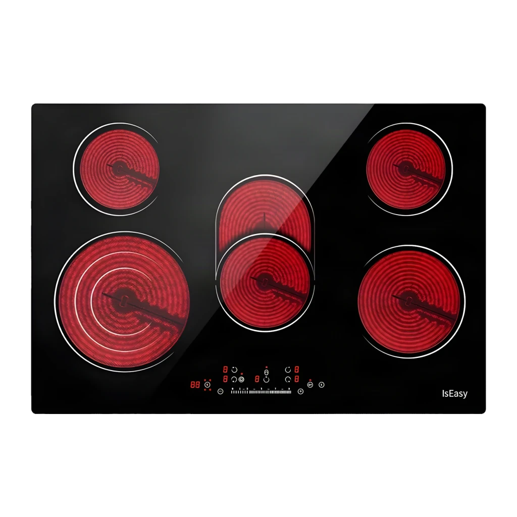 Placa Vitrocerámica IsEasy 2400W máx por zona Negro LT5-02, vista frontal: 5 zonas rojas encendidas y panel táctil LED
