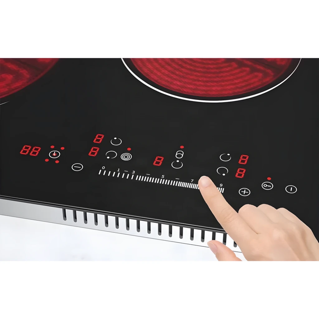 Placa Vitrocerámica IsEasy 2400W máx por zona Negro LT5-02, detalle: panel táctil con displays LED rojos y dedo deslizando