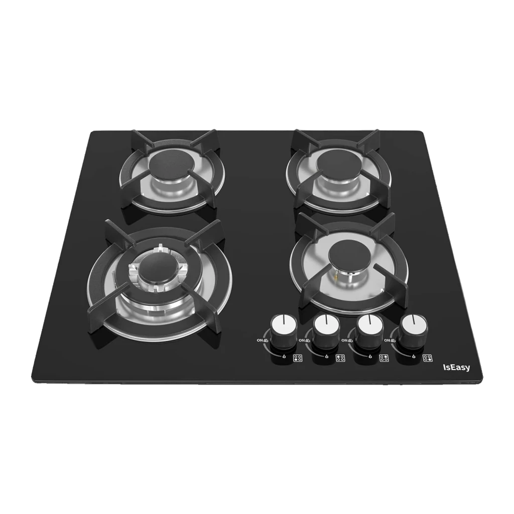 Placa de gas Iseasy 7800W 4 fuegos Negro MGBG-604B, vista frontal: 4 quemadores de acero inoxidable, parrillas negras y 4