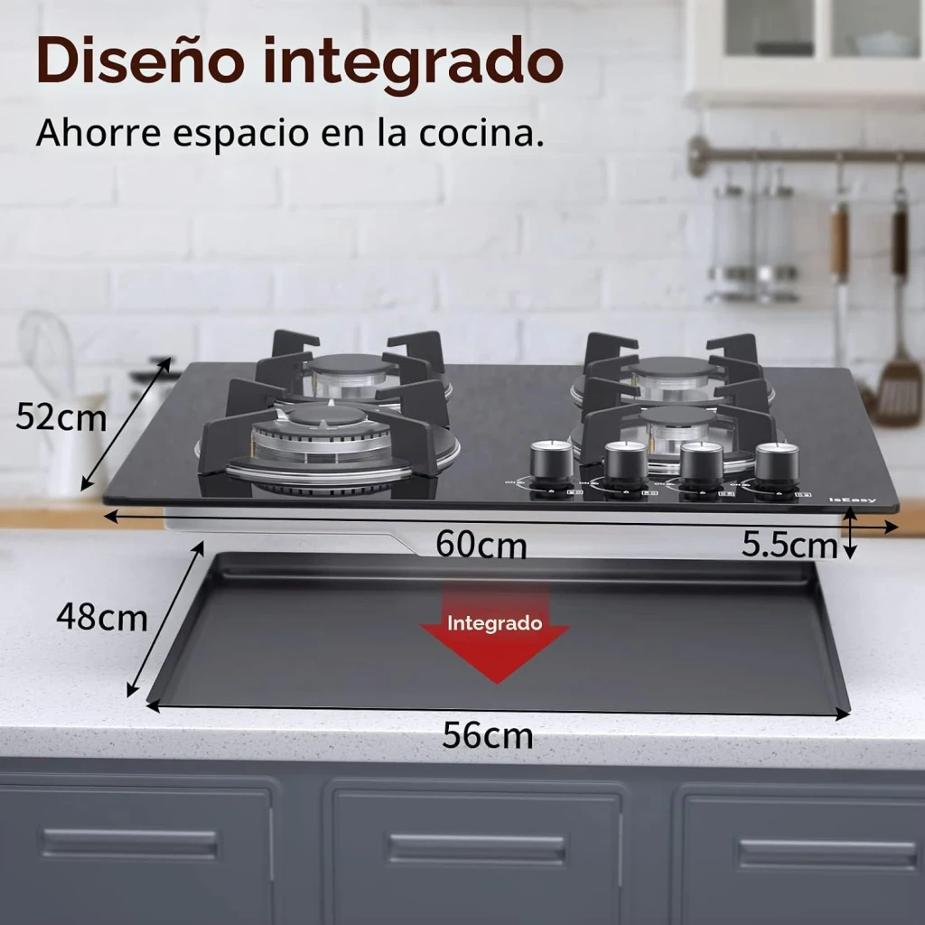 Placa de gas Iseasy 7800W 4 fuegos Negro MGBG-604B, vista frontal encimera: dimensiones integradas 60x52cm sobre mueble