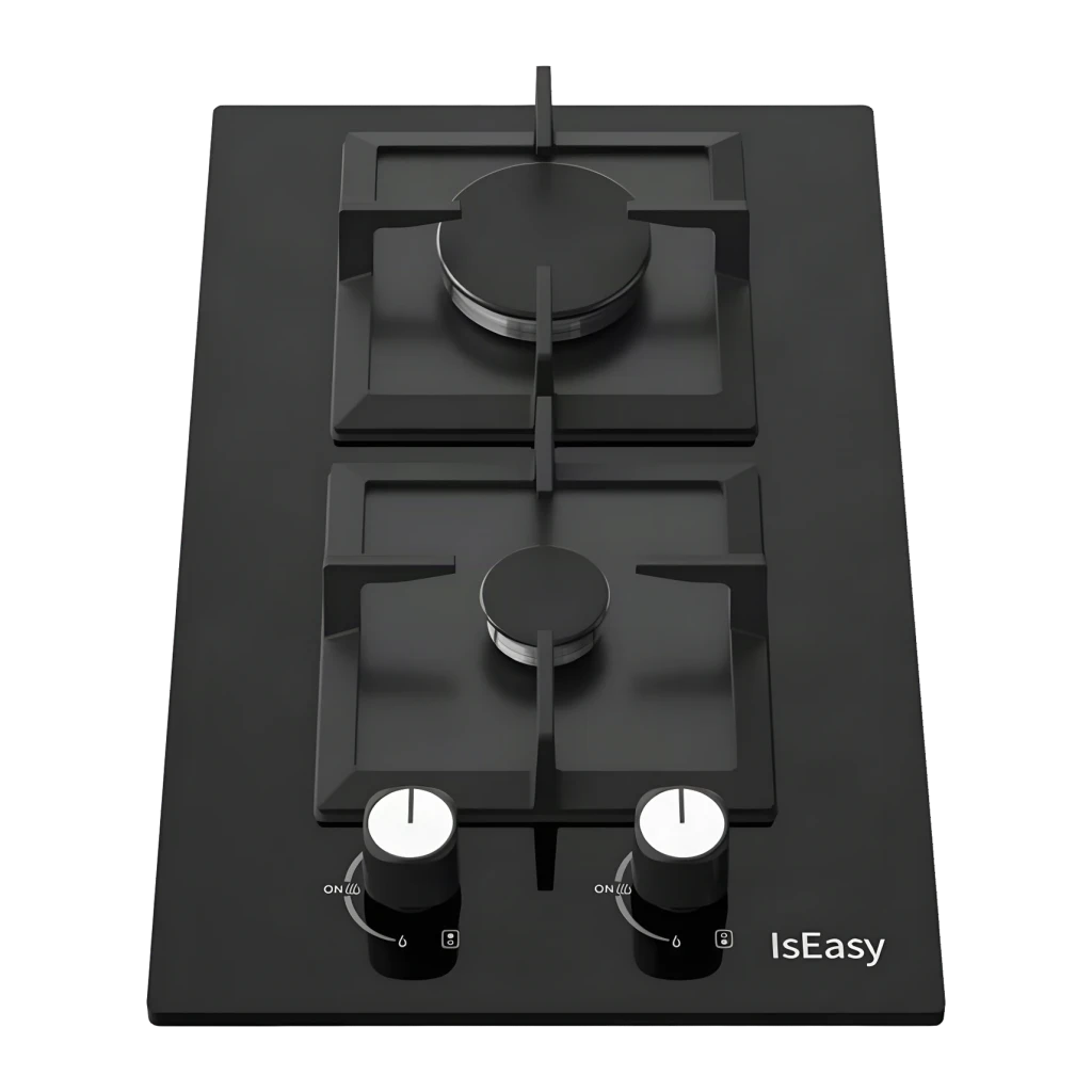 Placa de gas Iseasy 3,7 kW Negro MGBG-312S2C, vista frontal: 2 quemadores con parrillas y 2 mandos blancos