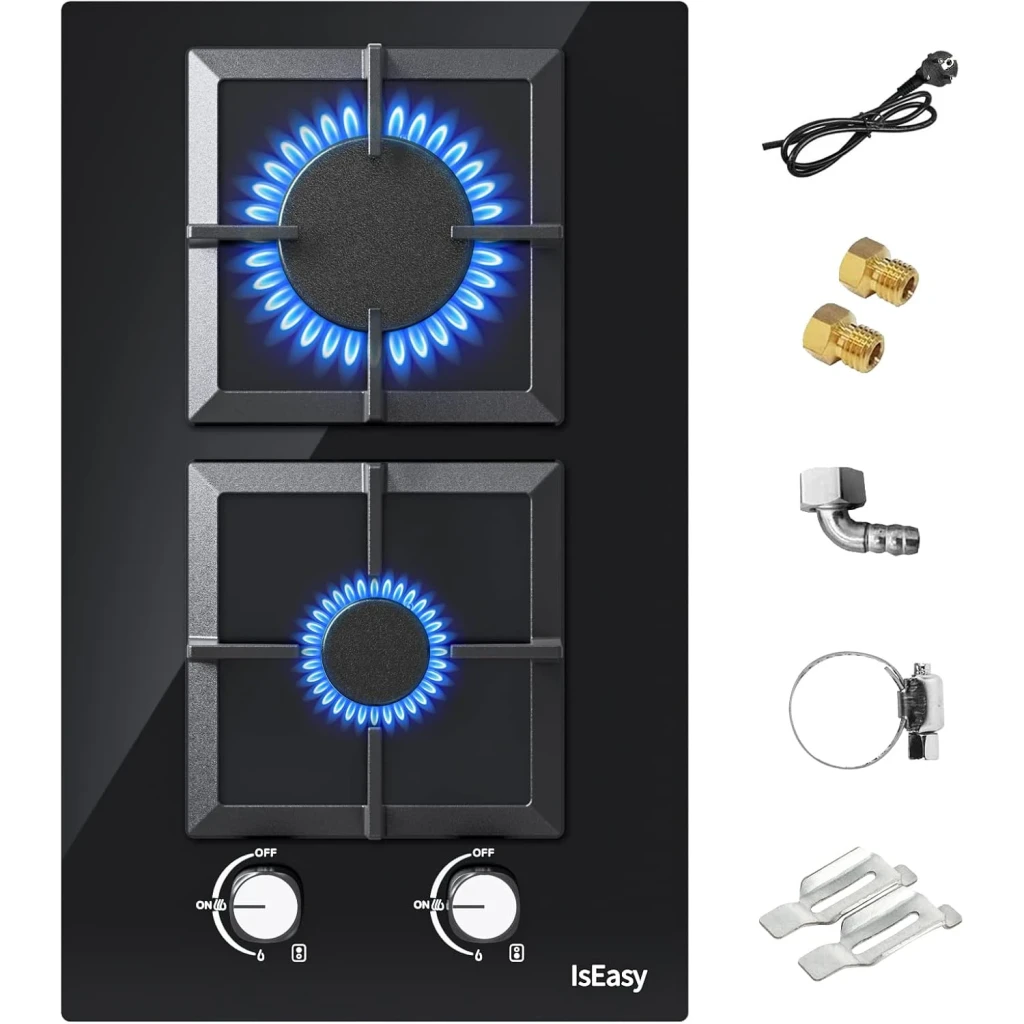 Placa de gas Iseasy 3,7 kW Negro MGBG-312S2C, detalle: 2 quemadores con llama azul, mandos y accesorios incluidos