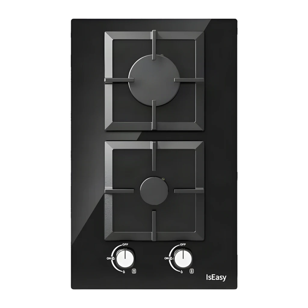 Placa de gas Iseasy 3,7 kW Negro MGBG-312S2C, detalle cenital: 2 quemadores con parrillas y 2 mandos blancos