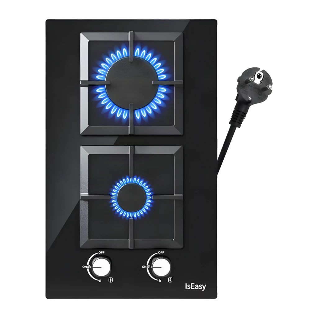 Placa de gas Iseasy 3,7 kW Negro MGBG-312S2C, detalle: llamas azules en 2 quemadores, mandos y cable con enchufe