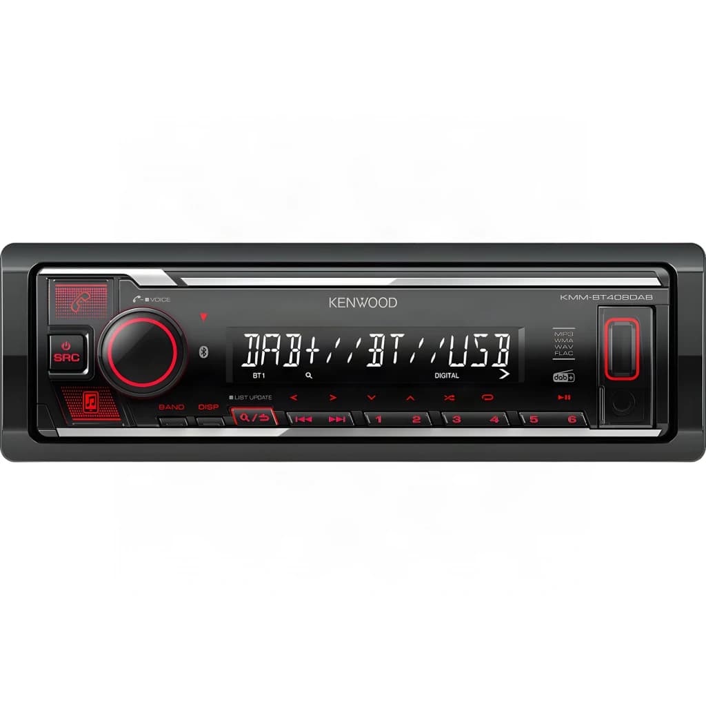 Autorradio Kenwood Negro 1 DIN Bluetooth KMM-BT408DAB, vista frontal: pantalla DAB+/BT/USB iluminada, mando giratorio