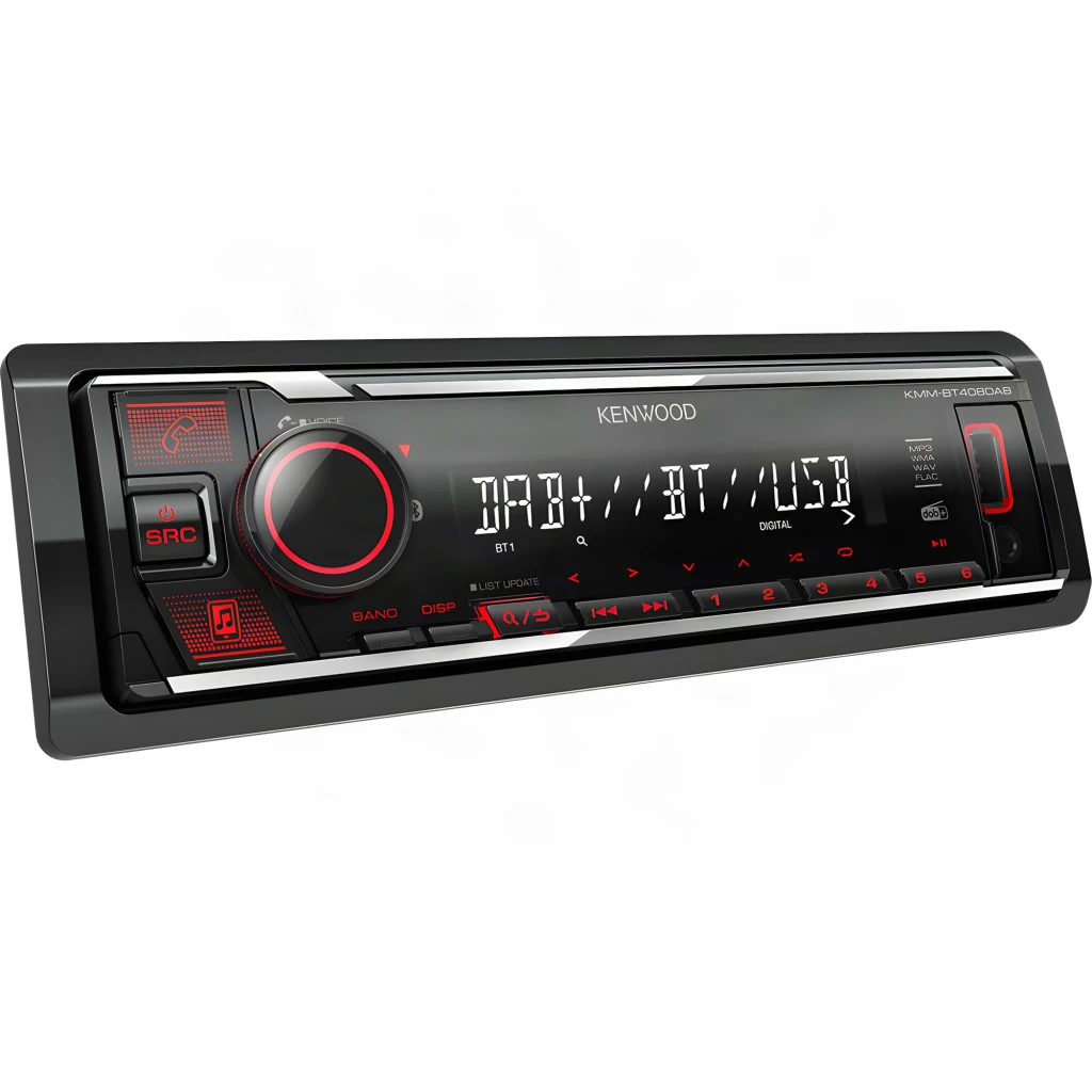 Autorradio Kenwood Negro 1 DIN Bluetooth KMM-BT408DAB, vista en ángulo: pantalla con DAB+ BT USB e iluminación roja