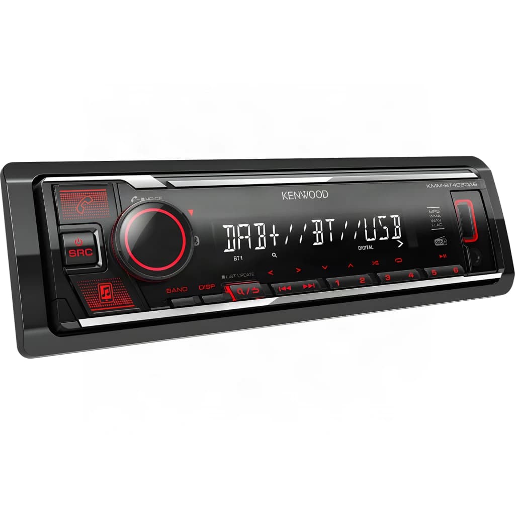 Autorradio Kenwood Negro 1 DIN Bluetooth KMM-BT408DAB, vista en ángulo: pantalla con DAB+ BT USB e iluminación roja