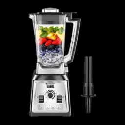 Batidora de vaso AMZCHEF 2L 2000W 8 velocidades + Pulso CE-NY-8088MJD, vista frontal: jarra transparente con frutas, base