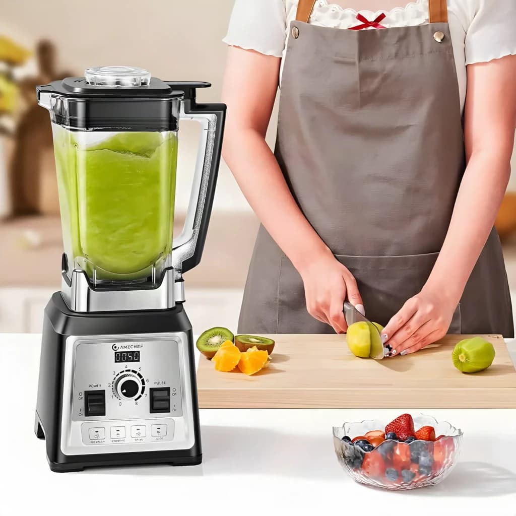 Batidora de vaso AMZCHEF 2L 2000W 8 velocidades + Pulso CE-NY-8088MJD, en uso: smoothie verde en el vaso, persona cortando
