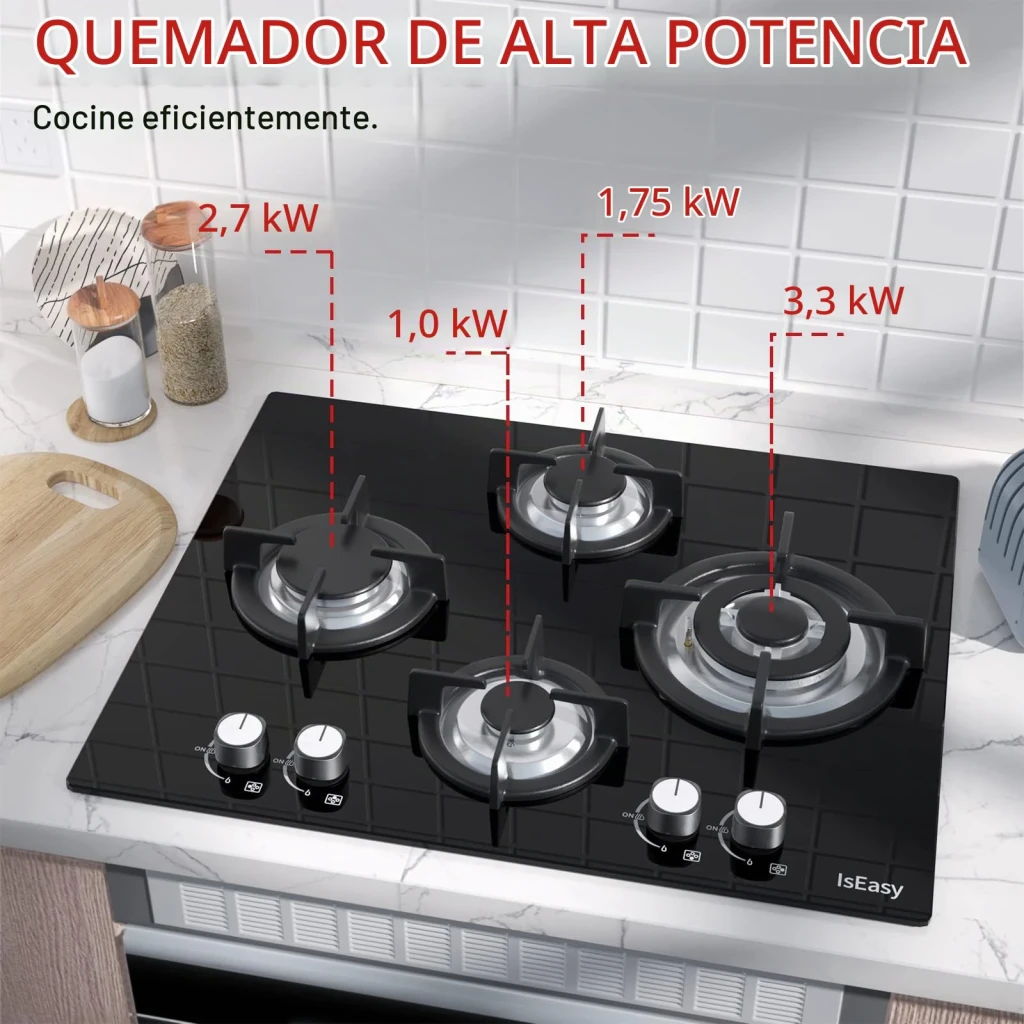 Placa de gas Iseasy Negro MGBG-654A, detalle: 4 quemadores con potencias 1,0 1,75 2,7 y 3,3 kW en cocina