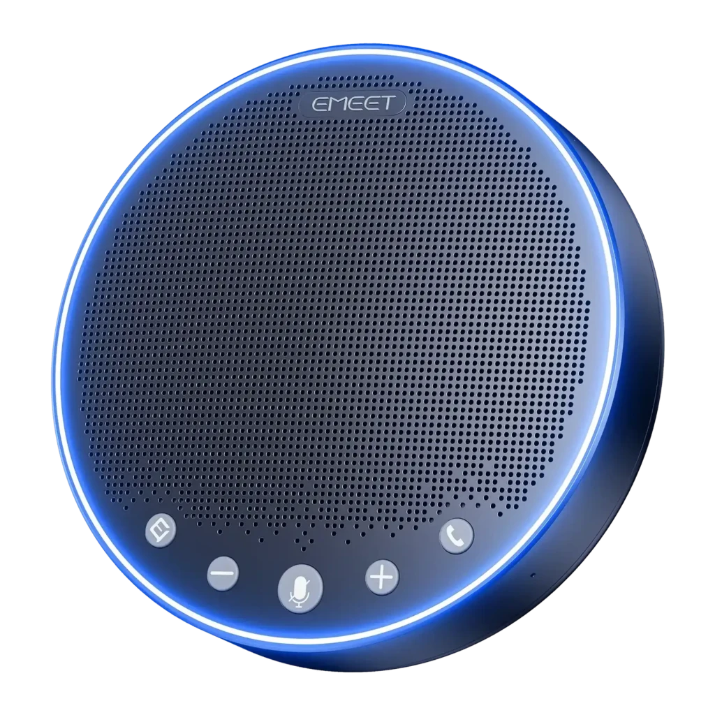 Altavoz de Conferencia EMEET OfficeCore M3 5W 20h Bluetooth 5.0 USB-C Jack 3.5mm Azul, vista frontal: anillo LED azul