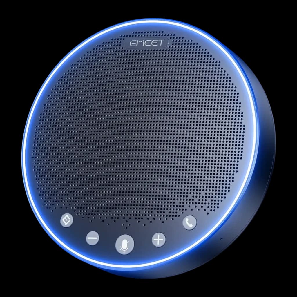 Altavoz de Conferencia EMEET OfficeCore M3 5W 20h Bluetooth 5.0 USB-C Jack 3.5mm Azul, vista frontal: anillo LED azul