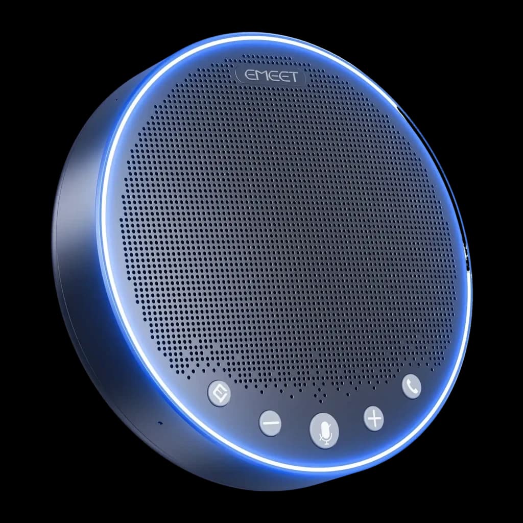 Altavoz de Conferencia EMEET OfficeCore M3 5W 20h Bluetooth 5.0 USB-C Jack 3.5mm Azul, detalle: anillo LED azul iluminado