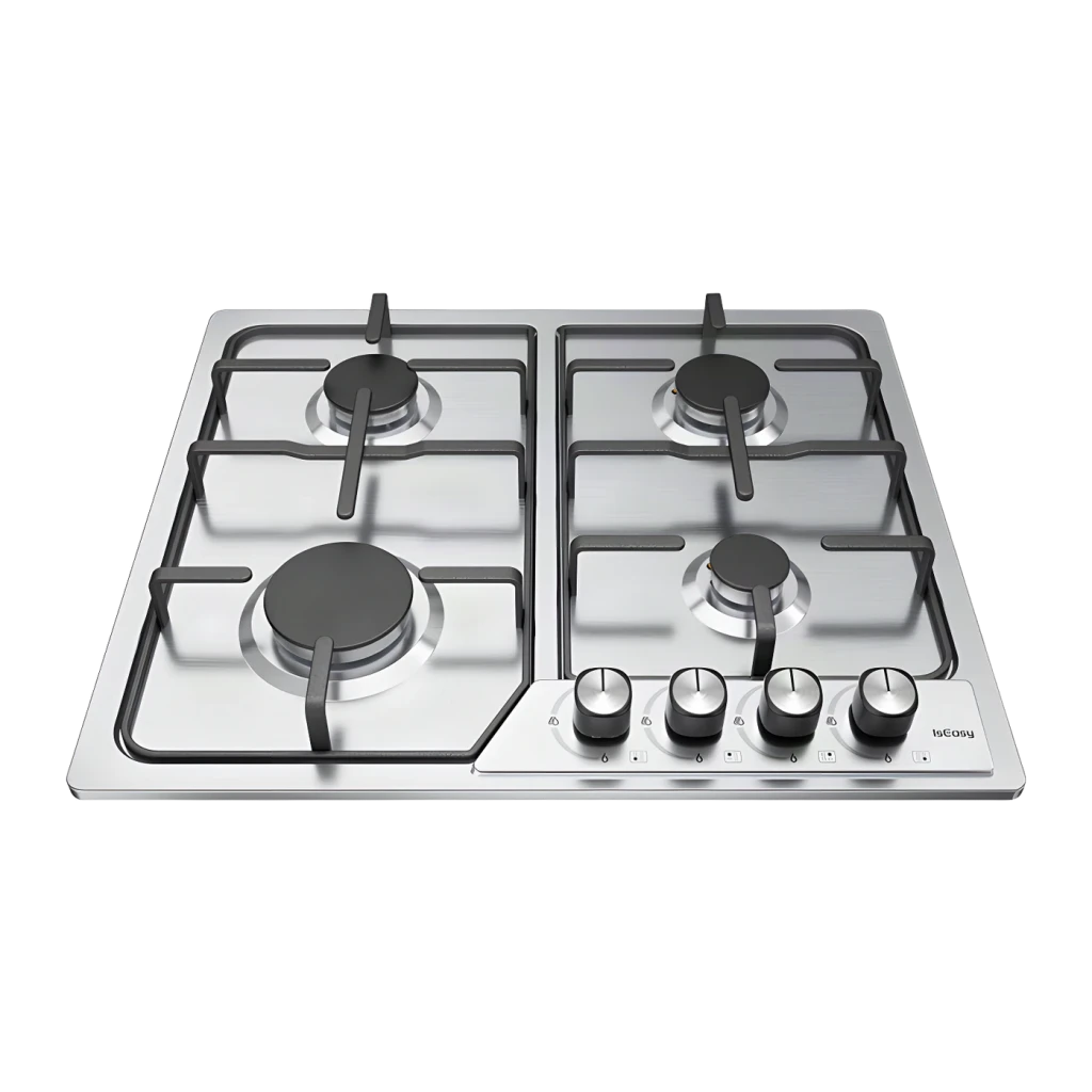 Placa de gas Iseasy 7,2 kW total (4 quemadores) Plata MGBG-604C, vista frontal: superficie inox con 4 quemadores, parrillas