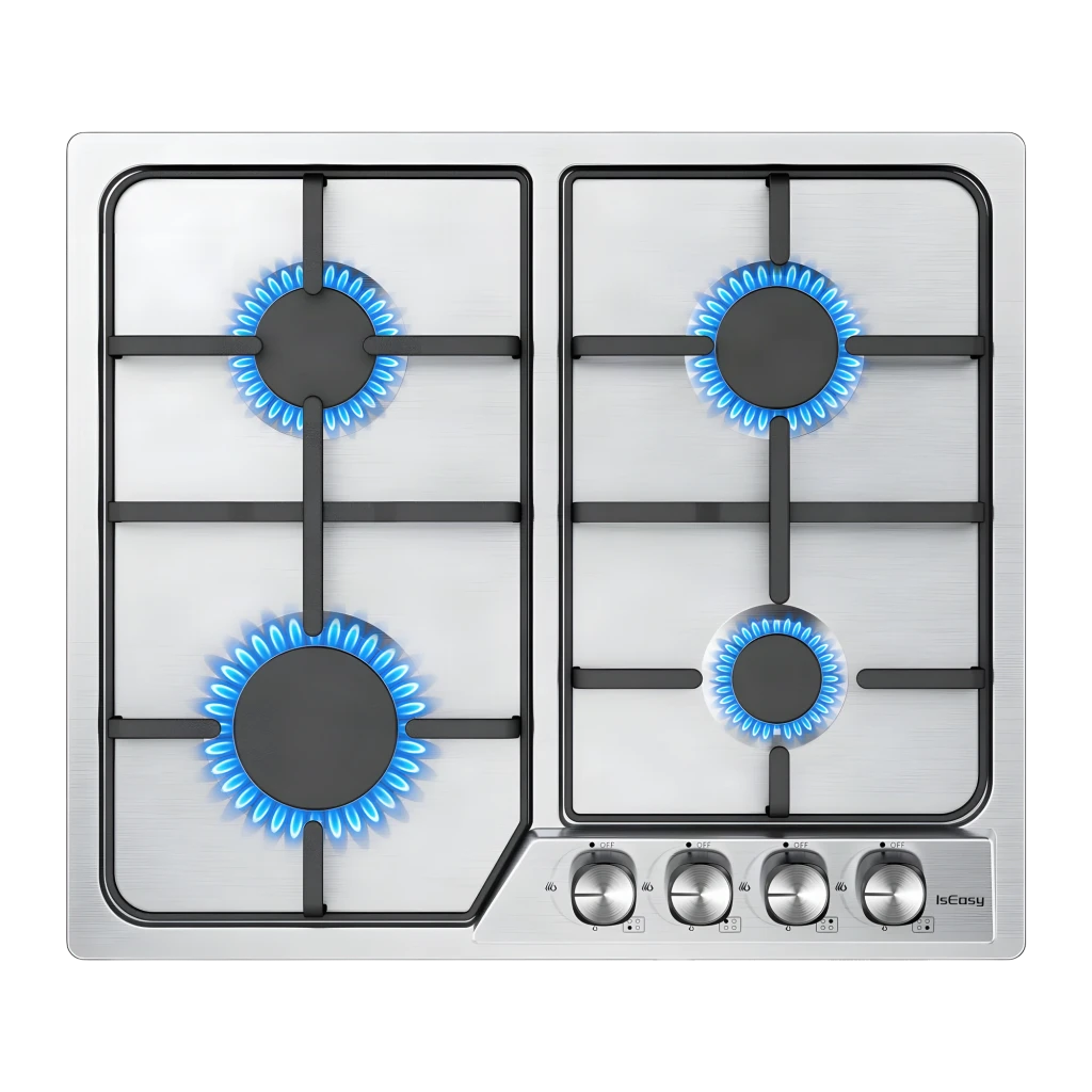 Placa de gas Iseasy 7,2 kW total (4 quemadores) Plata MGBG-604C, detalle: vista cenital con llamas azules encendidas y 4