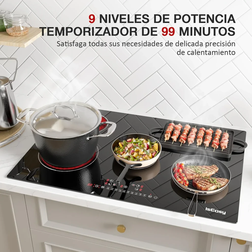 Placa vitrocerámica Iseasy 2400W máx por zona Negro LT5-04, en uso: 4 zonas activas con olla, sartén, plancha y brochetas