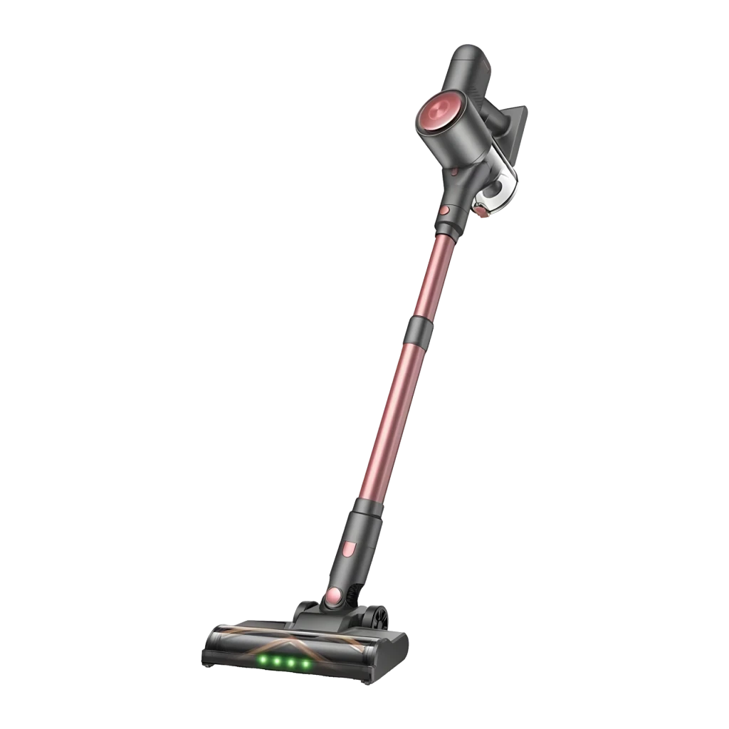 Aspirateur Balai VEXILAR V10 Pro Sans Fil 45000Pa 450W 45min, vue de face: corps rose et gris, tube extensible et brosse