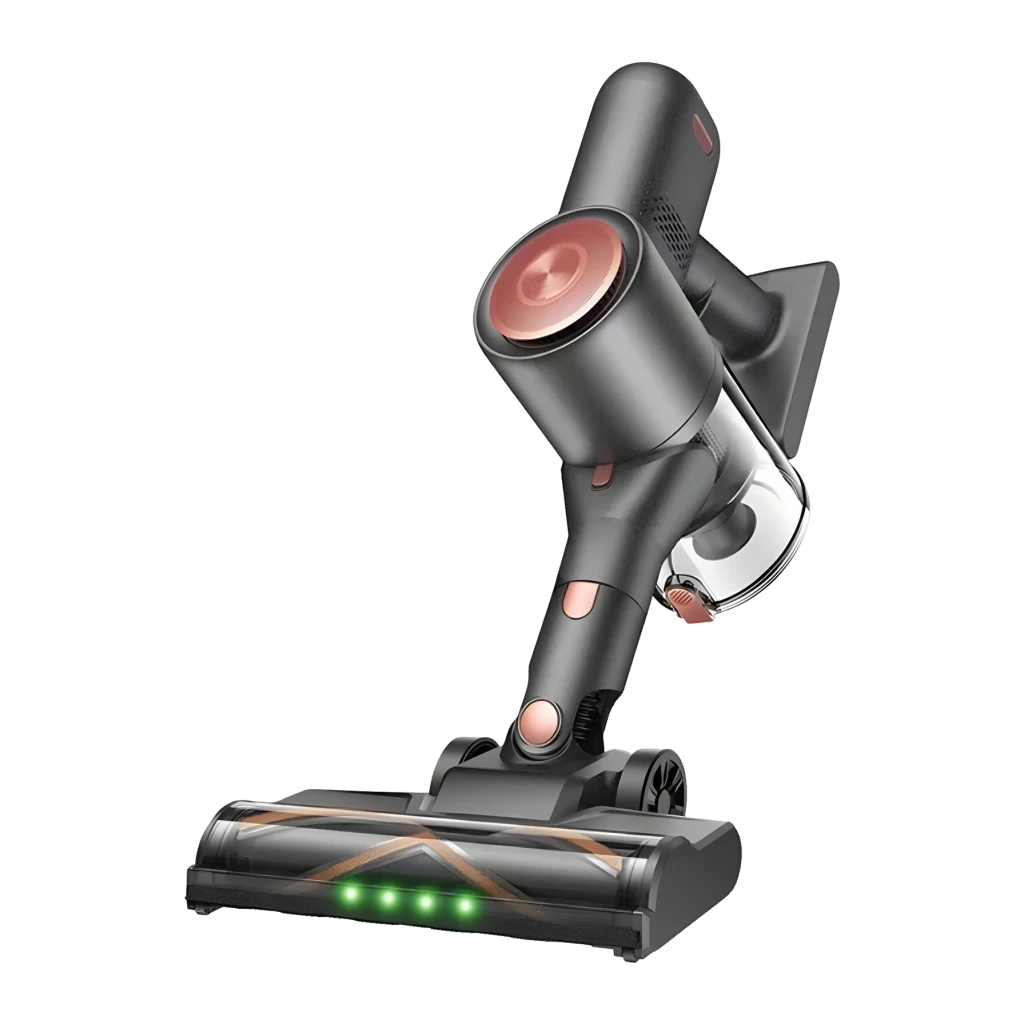 Aspirateur Balai VEXILAR V10 Pro Sans Fil 45000Pa 450W 45min, détail: brosse avec LEDs vertes allumées, cuve transparente