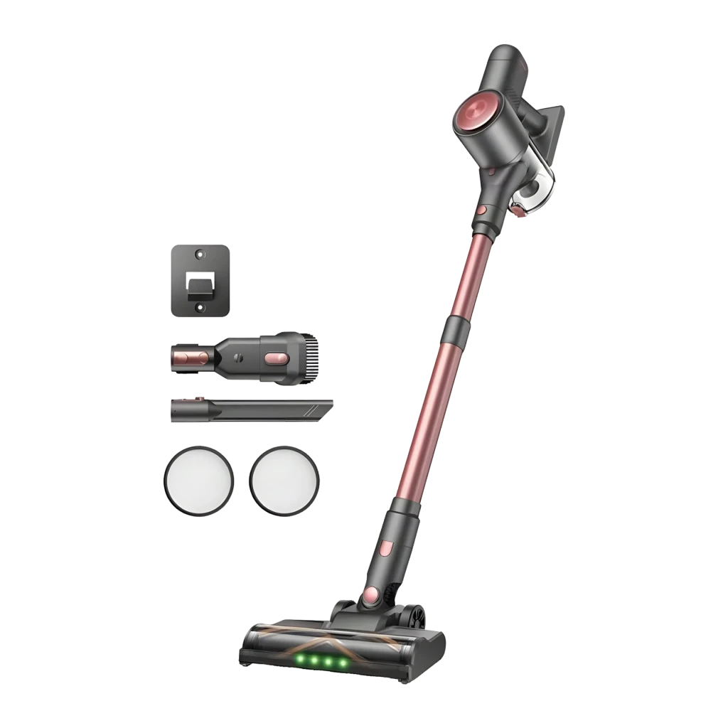 Aspirateur Balai VEXILAR V10 Pro Sans Fil 45000Pa 450W 45min, détail: accessoires inclus à côté de l'unité principale