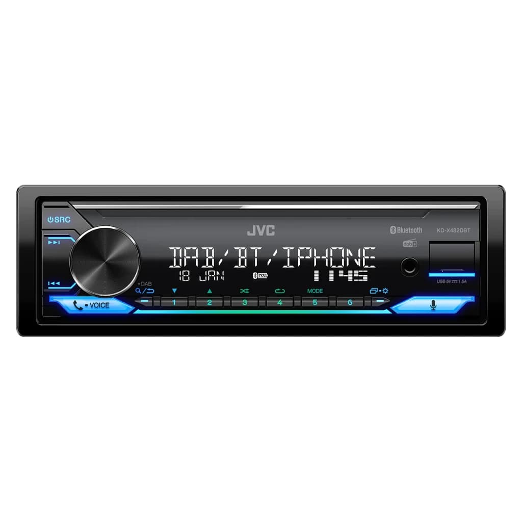 Autorradio JVC Negro 1 DIN Bluetooth KD-X482DBT, vista frontal: pantalla DAB/BT/IPHONE, mando giratorio y botones iluminados