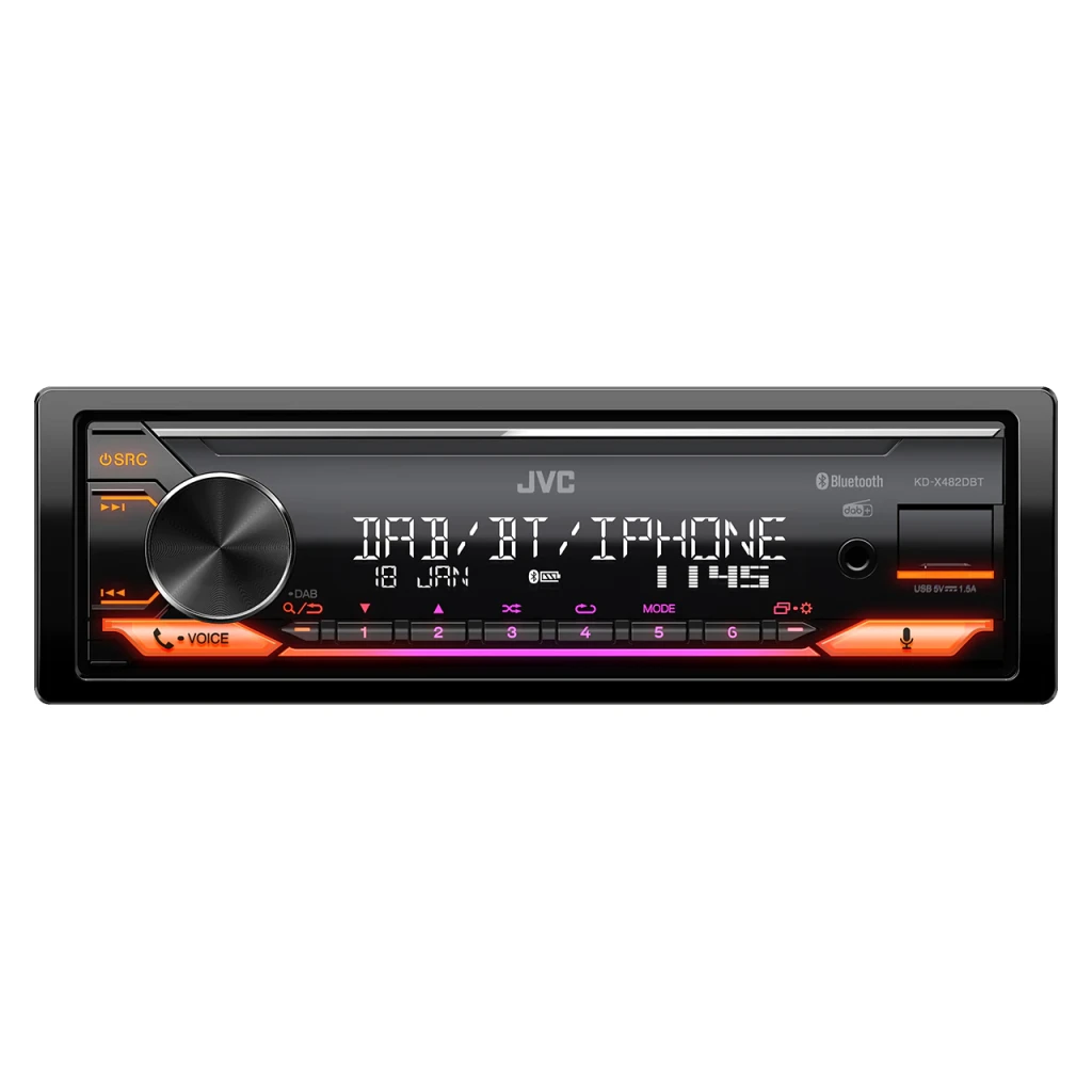 Autorradio JVC Negro 1 DIN Bluetooth KD-X482DBT, frontal: pantalla encendida con DAB/BT/IPHONE y botones iluminados