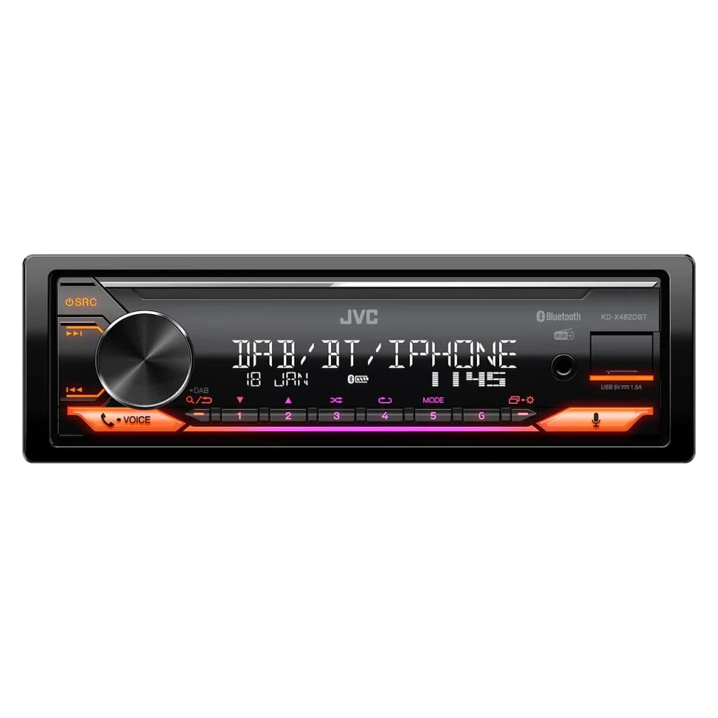 Autorradio JVC Negro 1 DIN Bluetooth KD-X482DBT, frontal: pantalla encendida con DAB/BT/IPHONE y botones iluminados