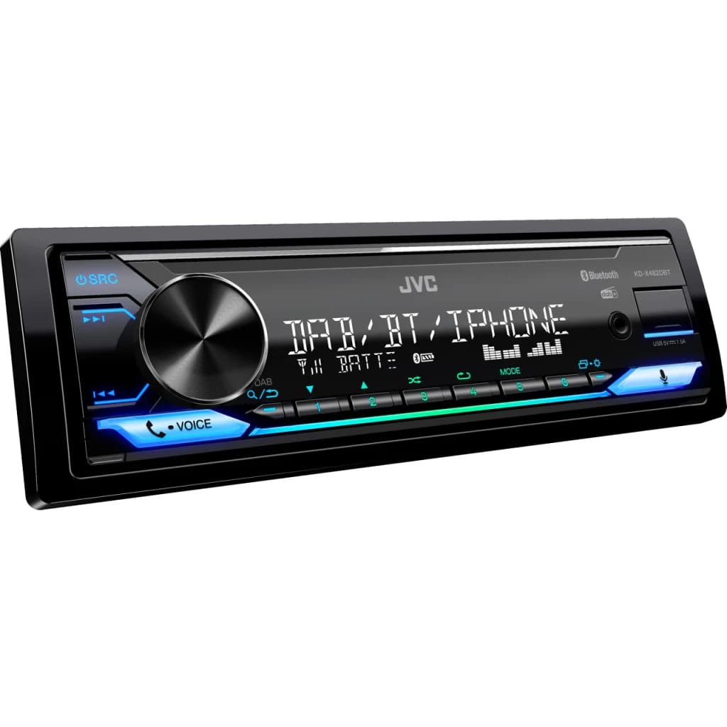 Autorradio JVC Negro 1 DIN Bluetooth KD-X482DBT, vista en ángulo: pantalla encendida con DAB/BT/iPhone e iluminación azul