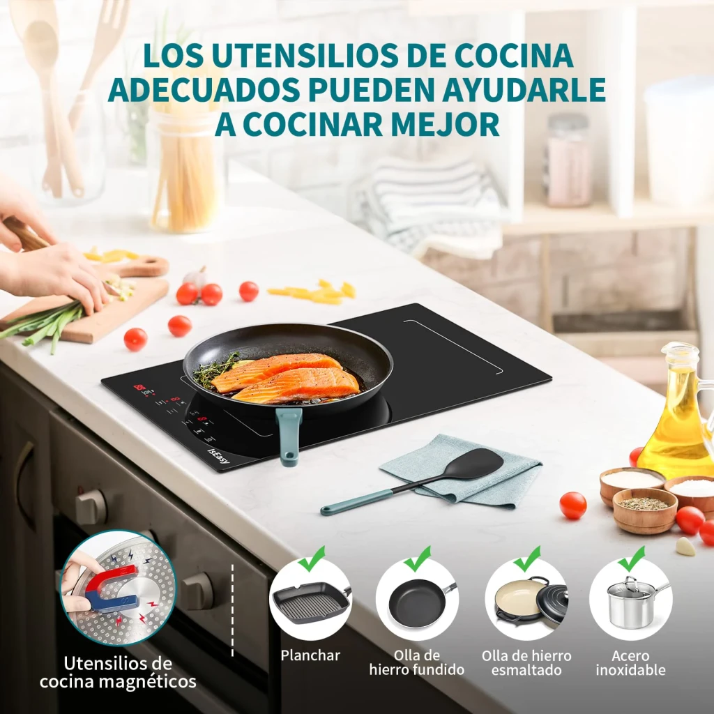 Placa de Inducción Iseasy Flex Zone 3400W Booster 9 Niveles Negro LI2V-15, escena cocina: sartén con salmón