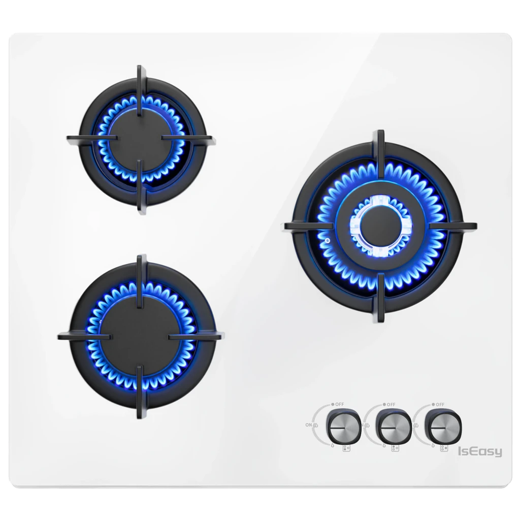 Placa de gas Iseasy 7,75 kW (3 fuegos) Blanco MGBG-603, detalle: vista cenital con llamas azules encendidas en los 3