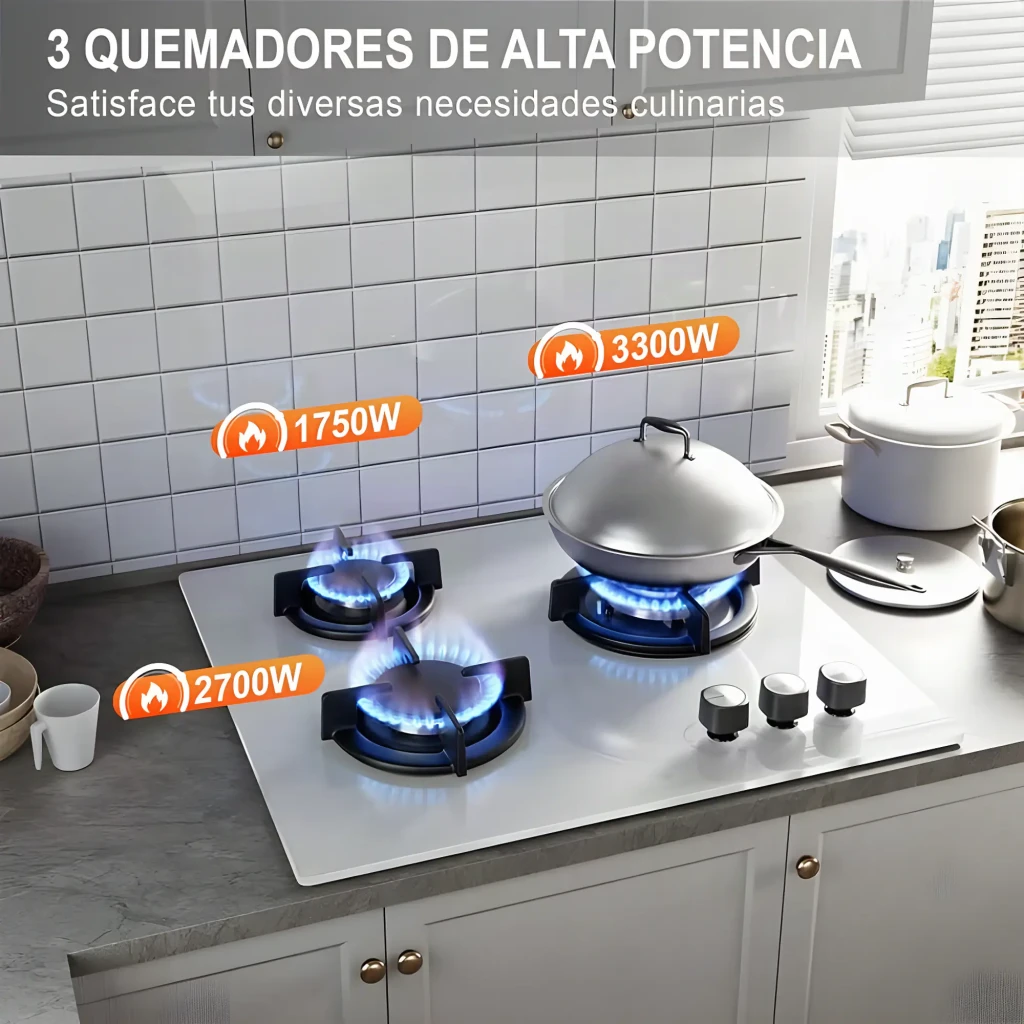 Placa de gas Iseasy 7,75 kW (3 fuegos) Blanco MGBG-603, en cocina: 3 quemadores encendidos con llama azul etiquetados 1750W